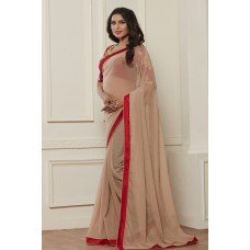 BEIGE AND RED INDIAN DESIGNER PARTY WEAR SAREE